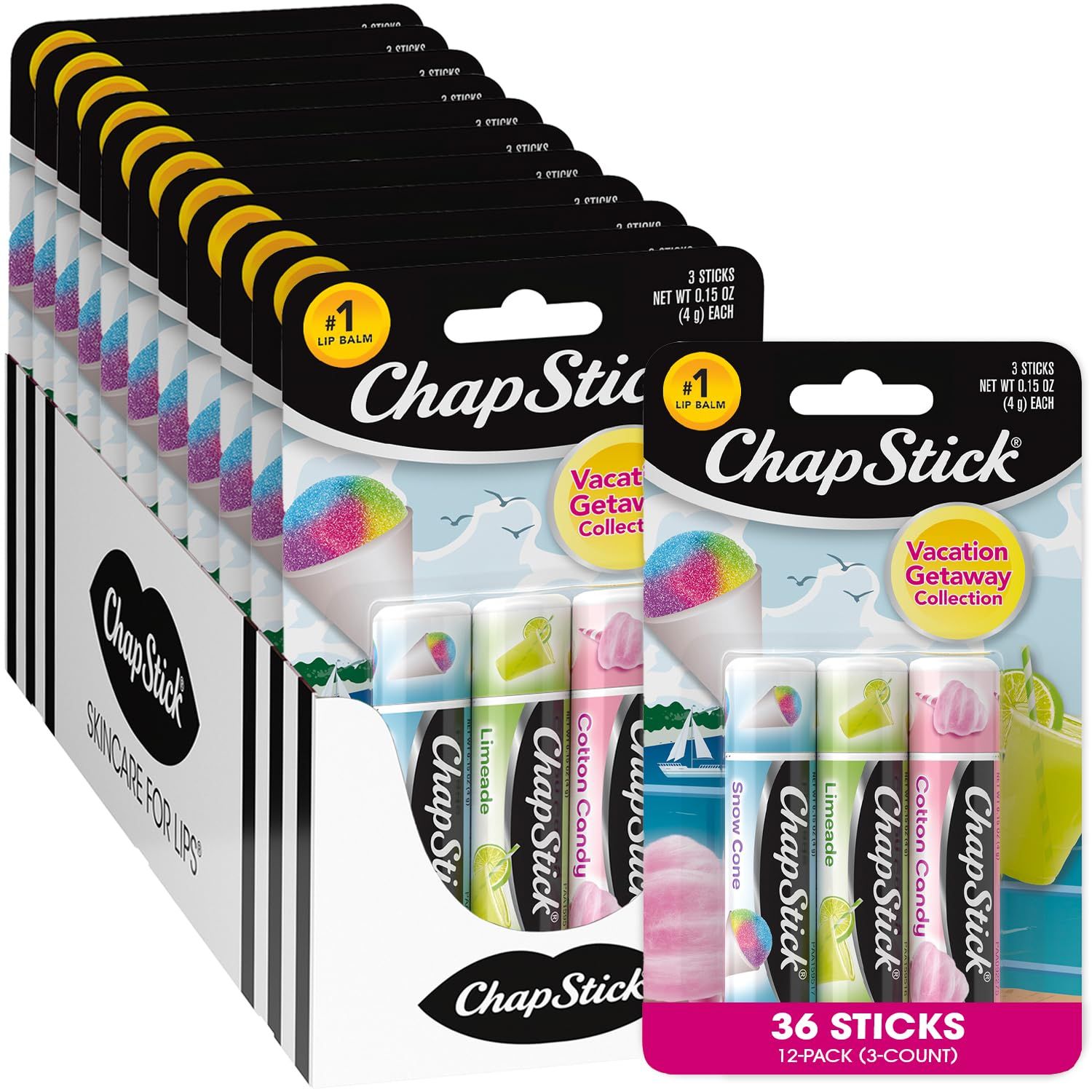 ChapStick Bulk Lip Balm, Vacation Getaway Collection, 3-Packs (12 Sets/36 Tubes) - Fun &amp; Flavorful Lip Care, Birthday Gifts, Party Favors, Stocking Stuffers, 0.15 Oz Ea