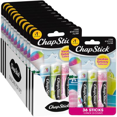 ChapStick Bulk Lip Balm, Vacation Getaway Collection, 3-Packs (12 Sets/36 Tubes) - Fun &amp; Flavorful Lip Care, Birthday Gifts, Party Favors, Stocking Stuffers, 0.15 Oz Ea