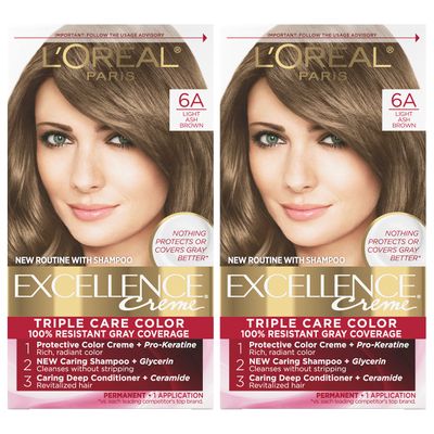 L&#39;Oreal Paris Excellence Creme Permanent Hair Color, 6A Light Ash Brown, 100 percent Gray Coverage Hair Dye, Pack of 2