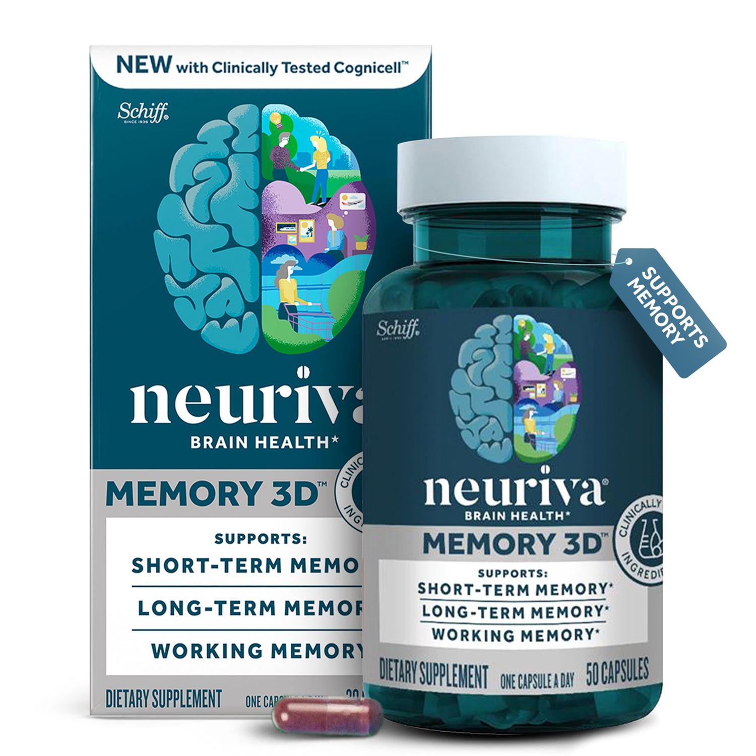 NEURIVA Memory 3D Brain Supplement - Decaffeinated Nootropic Capsules for Memory, Focus, &amp; Cognitive Function - Short Term, Long Term, &amp; Working Memory Support - 50ct