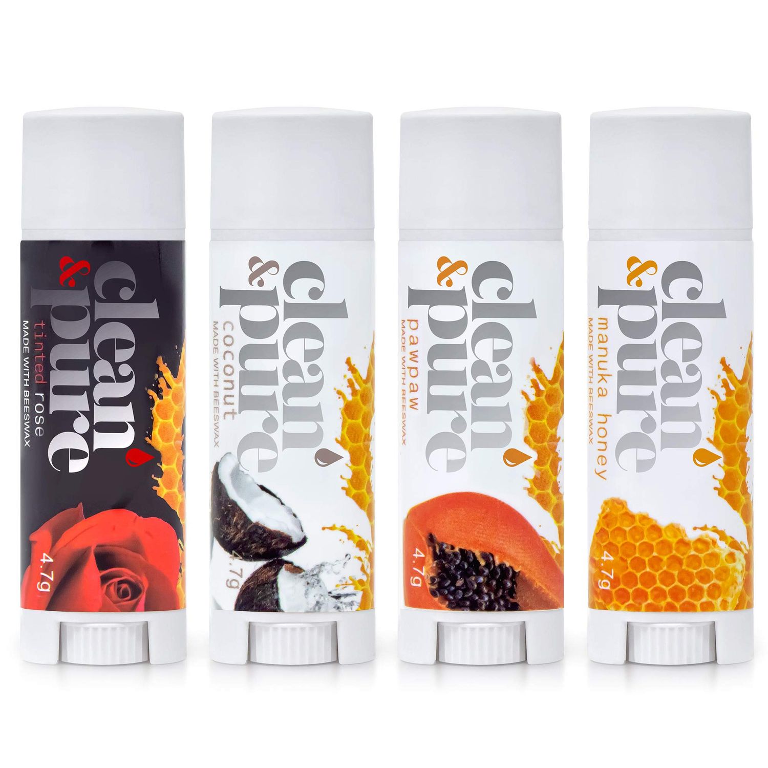 Clean &amp; Pure Lip Balm - Bees Knees (4 pack) | Manuka Honey Beauty Products | Vitamin E Oil | Flavored Lip Balm | Australia Made | Rose | Manuka Honey | Cocoa Butter | Manuka Oil | Coconut Oil | Papaw