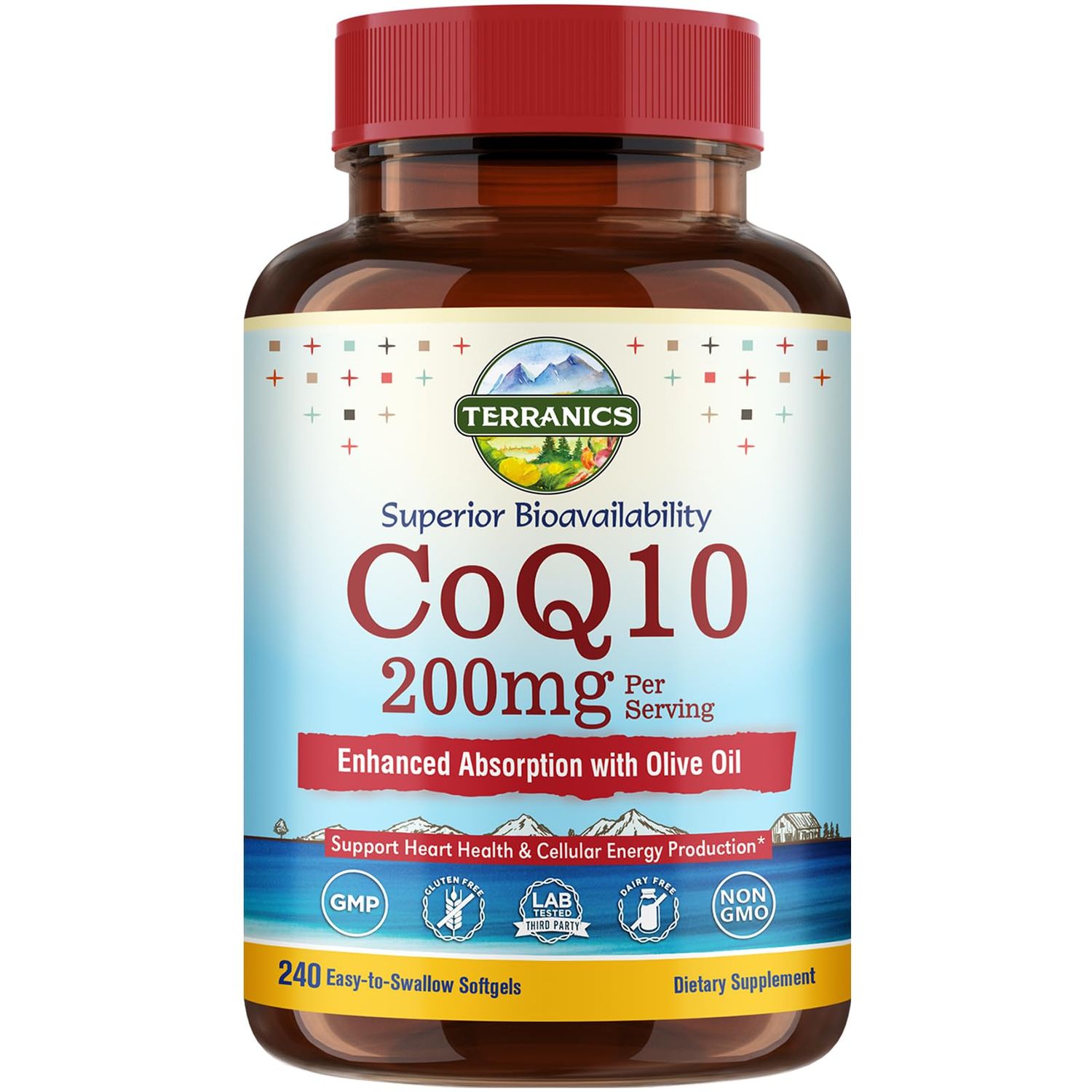 Terranics CoQ10 200mg, Coenzyme Q10 Supplement with Extra Virgin Olive Oil for Enhanced Absorption, Made in USA, Supports Heart Health, Antioxidant Protection, Energy Production, Non-GMO, 240 Softgels