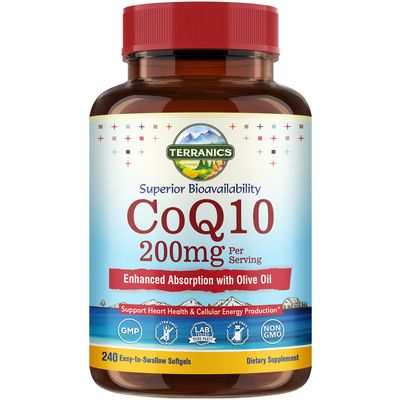 Terranics CoQ10 200mg, Coenzyme Q10 Supplement with Extra Virgin Olive Oil for Enhanced Absorption, Made in USA, Supports Heart Health, Antioxidant Protection, Energy Production, Non-GMO, 240 Softgels