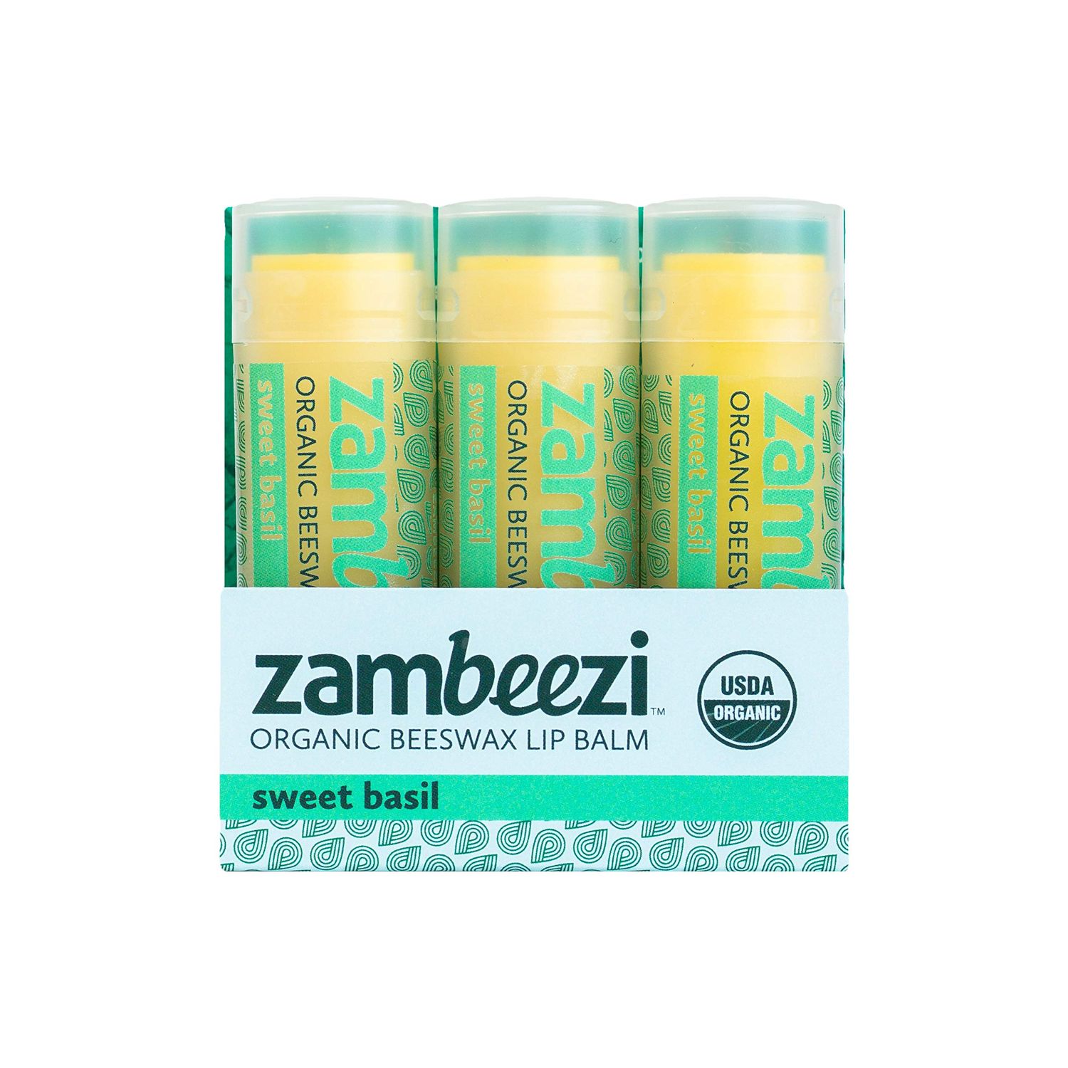 ZAMBEEZI Organic, Fair Trade Beeswax Lip Balm - Sweet Basil 3 Pack - Ethically Sourced