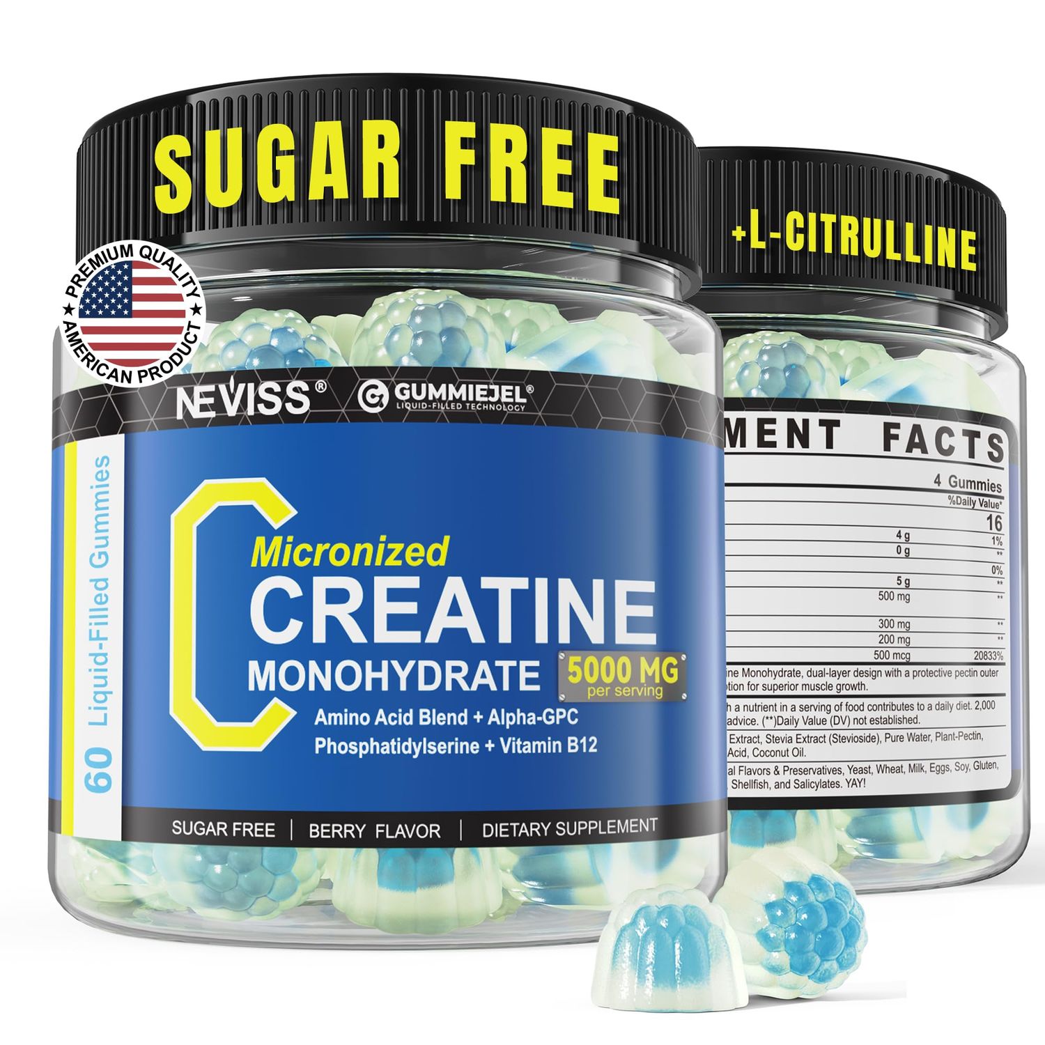 Micronized Creatine Monohydrate Gummies 5G for Women &amp; Men(Made in USA), with Amino Acid Blend, Alpha-GPC, Phosphatidylserine &amp; Vitamin B12 for Strength, Recovery, Energy, Focus, Sugar Free, 60cts