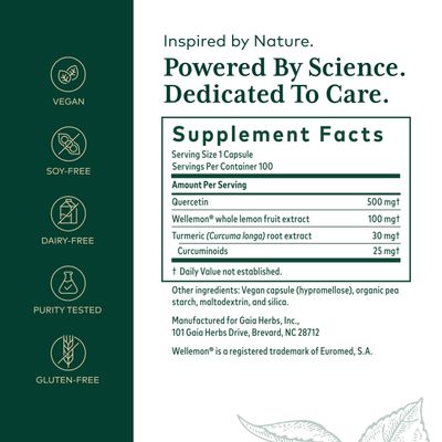 Gaia Herbs Pro Quercetin Synergy 500 - Immune System Support Supplement - Cell Health Supplement with Quercetin Bromelain & Turmeric - 100 Tablets (100 Servings)