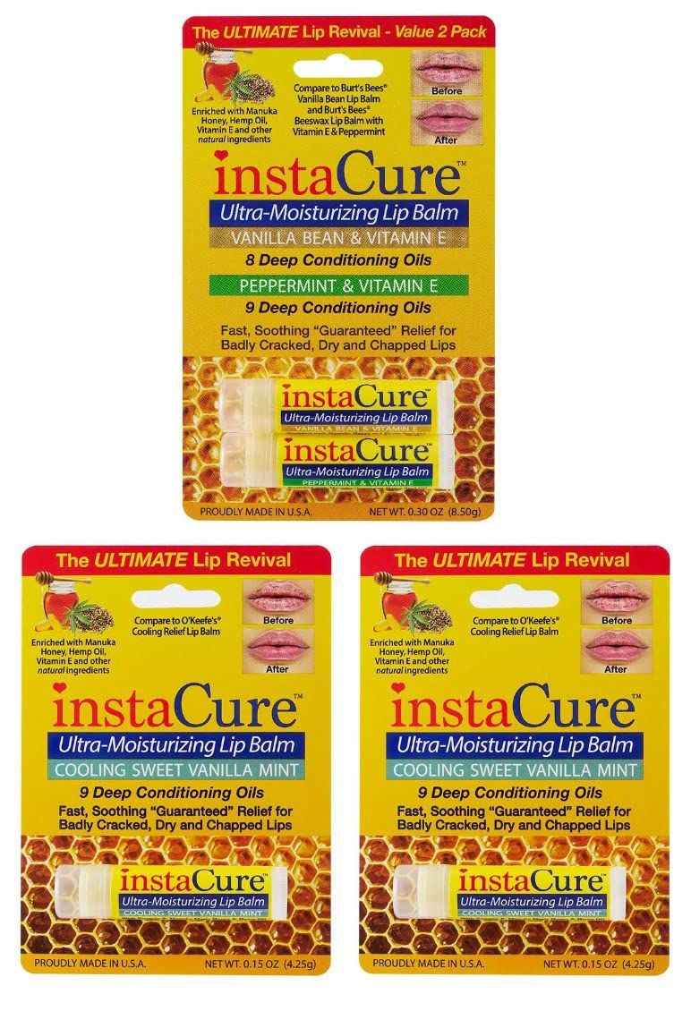 InstaCure 4-Pack | Vanilla Bean &amp; Vitamin E, Peppermint &amp; Vitamin E Lip Balm &amp; Sweet Vanilla Mint Lip Repair with Manuka Honey | Ultra-Moisturizing, Heals Chapped, Dry &amp; Cracked Lips Fast