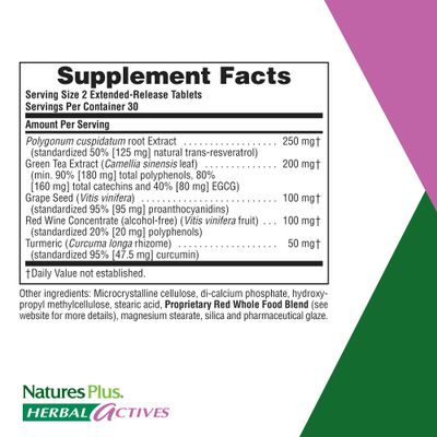Natures Plus Herbal Actives Resveratrol, Extended Release - 125 mg, 60 Vegetarian Tablets - Gluten-Free - 30 Servings