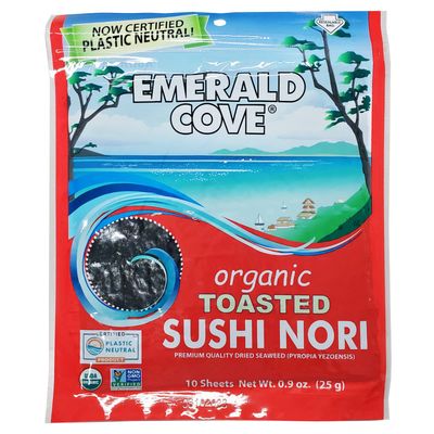 Emerald Cove Organic Toasted Nori, Dried Seaweed Sheets for Sushi, Kimbap, Onigiri, Musubi, Product of Korea, Resealable Bag, 10 Sheets (1 pack)