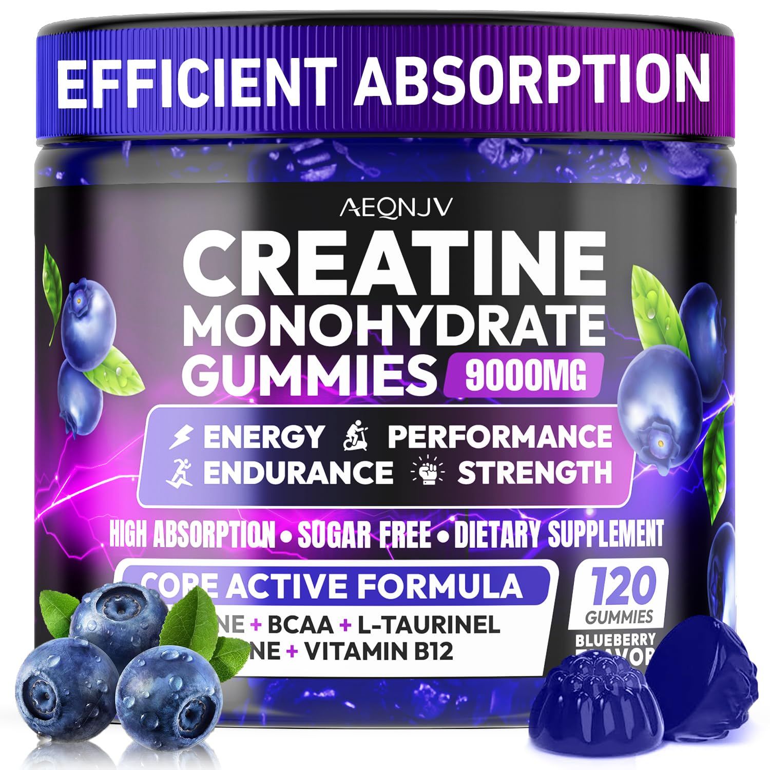 AEQNJV Creatine Gummies Monohydrate Complex for Men &amp; Women, 9000MG Creatine Pre-Workout Supplement Enhance Muscle Strength Recovery Cognitive Health &amp; Memory, 120 Gummies Sugar Free Vegan Non-GMO
