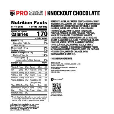Muscle Milk Pro Advanced Nutrition Protein Shake, Knockout Chocolate, 11.16 Fl Oz (Pack of 12), 32g Protein, 1g Sugar, 16 Vitamins & Minerals, 5g Fiber, Workout Recovery, Energizing Snack, Packagin...