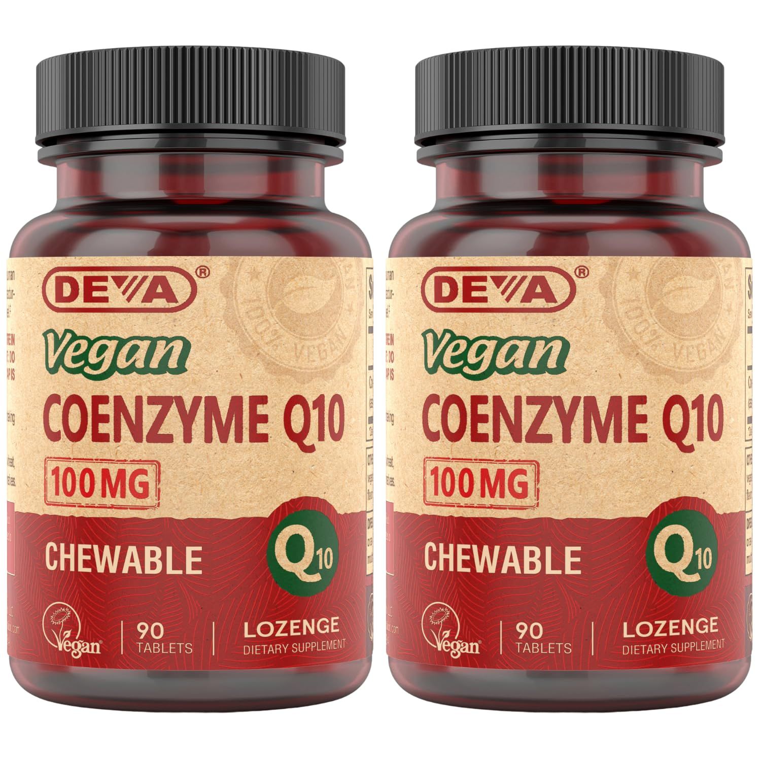 DEVA Vegan Vitamins Coenzyme Q10 100mg - Potent &amp; Affordable in One Bottle - Chewable, 90 Tablets, (Pack of 2)