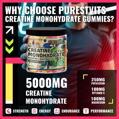 PURESTVITS Creatine Monohydrate Gummies (5g) - Pre-Workout Energy &amp; Muscle Growth Support for Men &amp; Women | Pineapple Watermelon Electrolyte Gummies (135 Count)