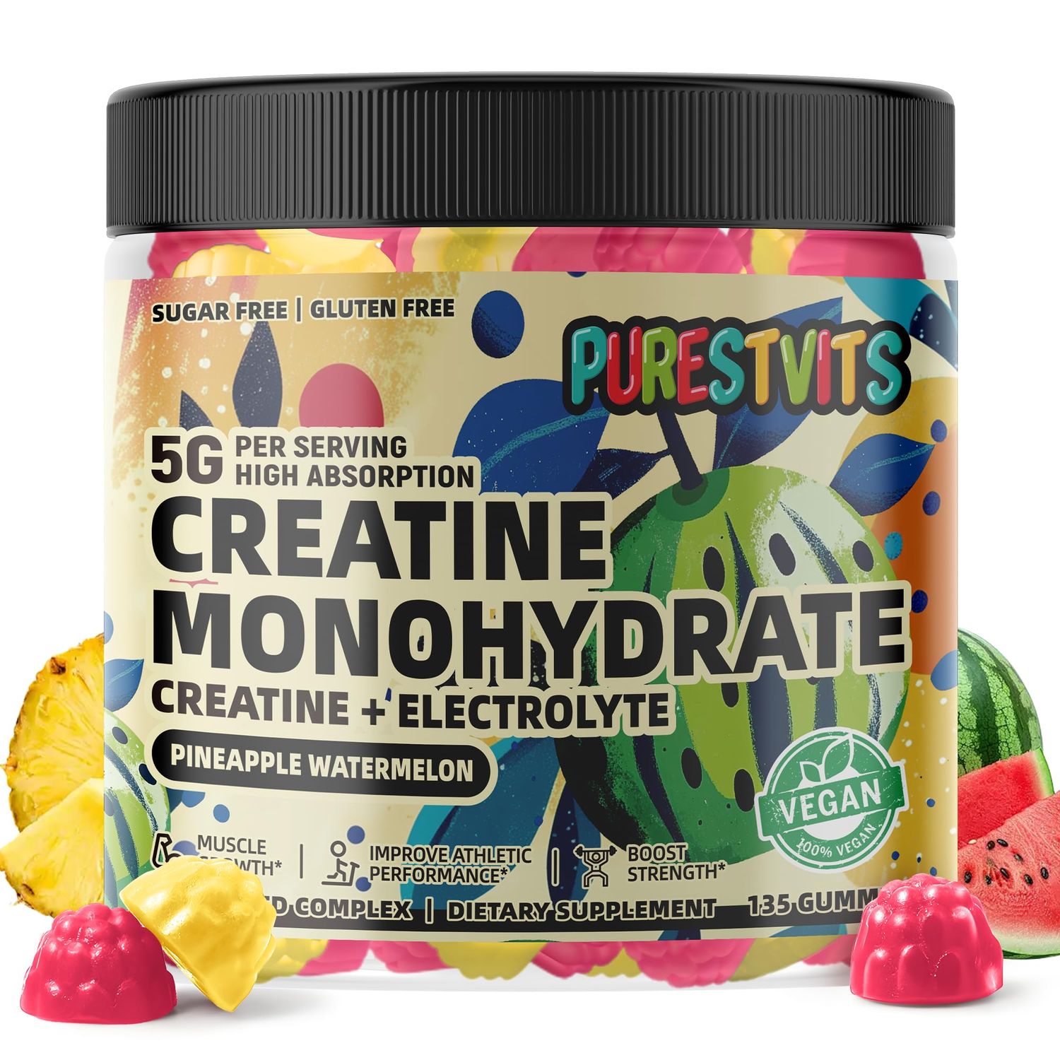 PURESTVITS Creatine Monohydrate Gummies (5g) - Pre-Workout Energy &amp; Muscle Growth Support for Men &amp; Women | Pineapple Watermelon Electrolyte Gummies (135 Count)