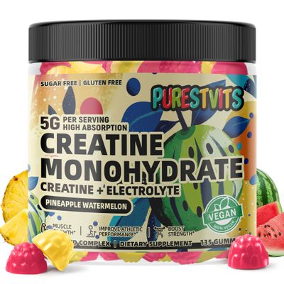 PURESTVITS Creatine Monohydrate Gummies (5g) - Pre-Workout Energy &amp; Muscle Growth Support for Men &amp; Women | Pineapple Watermelon Electrolyte Gummies (135 Count)