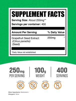 BulkSupplements.com Grapefruit Seed Extract Powder - Grapefruit Seed Supplements, Antioxidant Source - Herbal Supplement, Gluten Free, 250mg per Serving, 100g (3.5 oz) (Pack of 1)