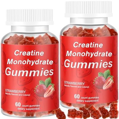 Creatine Monohydrate Gummies, 2 Pack Creatine Monohydrate for Women &amp; Men, Sugar-Free Gummies for Increase Strength and Build Muscle, Workout Supplement, Vegan, 120 Count, Strawberry Flavor