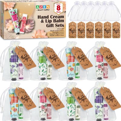 AZEN 8 Sets Bulk Gifts, Hand Cream and Lip Balm Bulk Set with Organza Bag Thank You Card, Baby Shower Wedding Gifts for Guests, Bridal Wedding Favors for Guests,Thank You Gifts for Women