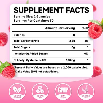 MEENCCD NAC Gummies, N Acetyl Cysteine 600mg, NAC Supplement for Antioxidants & Immune Support, Lung & Liver Health, Sugar-Free, Natural Raspberry Flavor, 60 Count