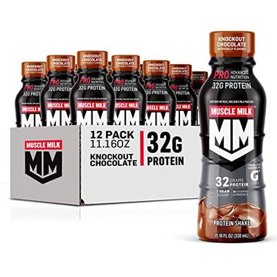 Muscle Milk Pro Advanced Nutrition Protein Shake, Knockout Chocolate, 11.16 Fl Oz (Pack of 12), 32g Protein, 1g Sugar, 16 Vitamins &amp; Minerals, 5g Fiber, Workout Recovery, Energizing Snack, Packagin...