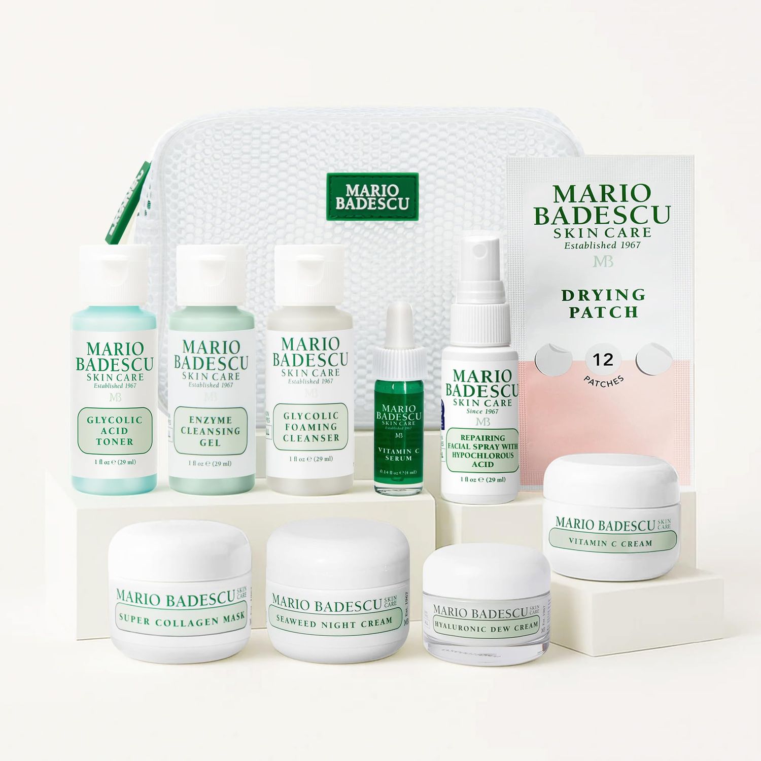 A Little Bit of Mario 10-Piece Skincare Kit - Vitamin C Serum, Glycolic Acid Toner, Hyaluronic Dew Cream, Collagen Mask, HOCI Spray &amp; Cleanser - Brightening, Anti-Aging &amp; Hydration - Travel &amp; Gift Set