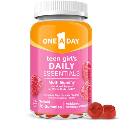 One A Day Teen Girls Daily Essentials Multivitamin Gummies, Teen Girl Multivitamins with Biotin, Vitamin B12 and B6, Vitamin C, Raspberry Natural Flavor, 120 Gummies