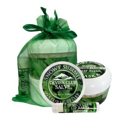 Snowy Summit&#39;s 3-Pc Devil&#39;s Club Gift Bag Set - Includes All-Natural Handcrafted Salve, Revitalizing Sugar Scrub, and Moisturizing Lip Balm for Body Care - Skin Care Package with Alaskan Ingredients