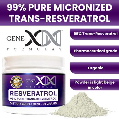 GENEX Trans Resveratrol 1000mg Serving 99 Pure Micronized Pharmaceutical Grade Trans-Resveratrol Powder 30 Servings or 30Grams 1Gram Per Day 30-Day Supply Made in a GMP &amp; NSF Certified Facility