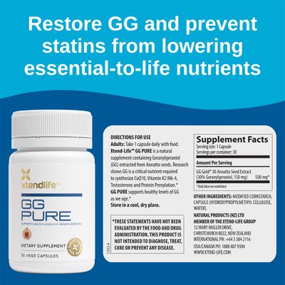 Xtendlife GG Pure Geranylgeraniol - 150mg GG Gold from Annatto Seeds - for Statin Users, CoQ10 Support, Bone, Muscle, and Heart Health - 1 Month Supply (30 Capsules)