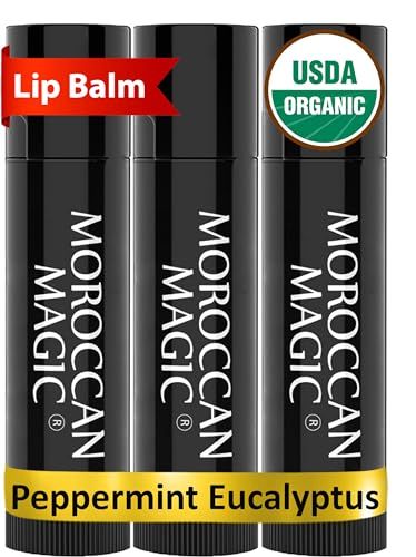 Moroccan Magic Organic Peppermint Eucalyptus Lip Balm 3 Pack | Ultra-Hydrating Argan &amp; Essential Oil Lip Moisturizer Vitamin E | Natural Chapstick for Dry Lips | Smooth, Non-Toxic | Organic Lip Balm