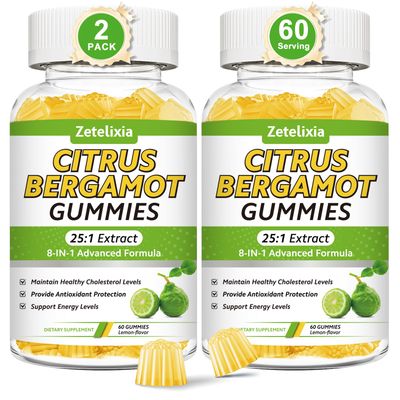 2 Pack Citrus Bergamot Gummies, Citrus Bergamot Supplement for High Cholesterol, Cholesterol Lowering Supplement for Heart, Immune System &amp; Healthy Aging Support, Sugar Free, Lemon Flavor, 120 Cts