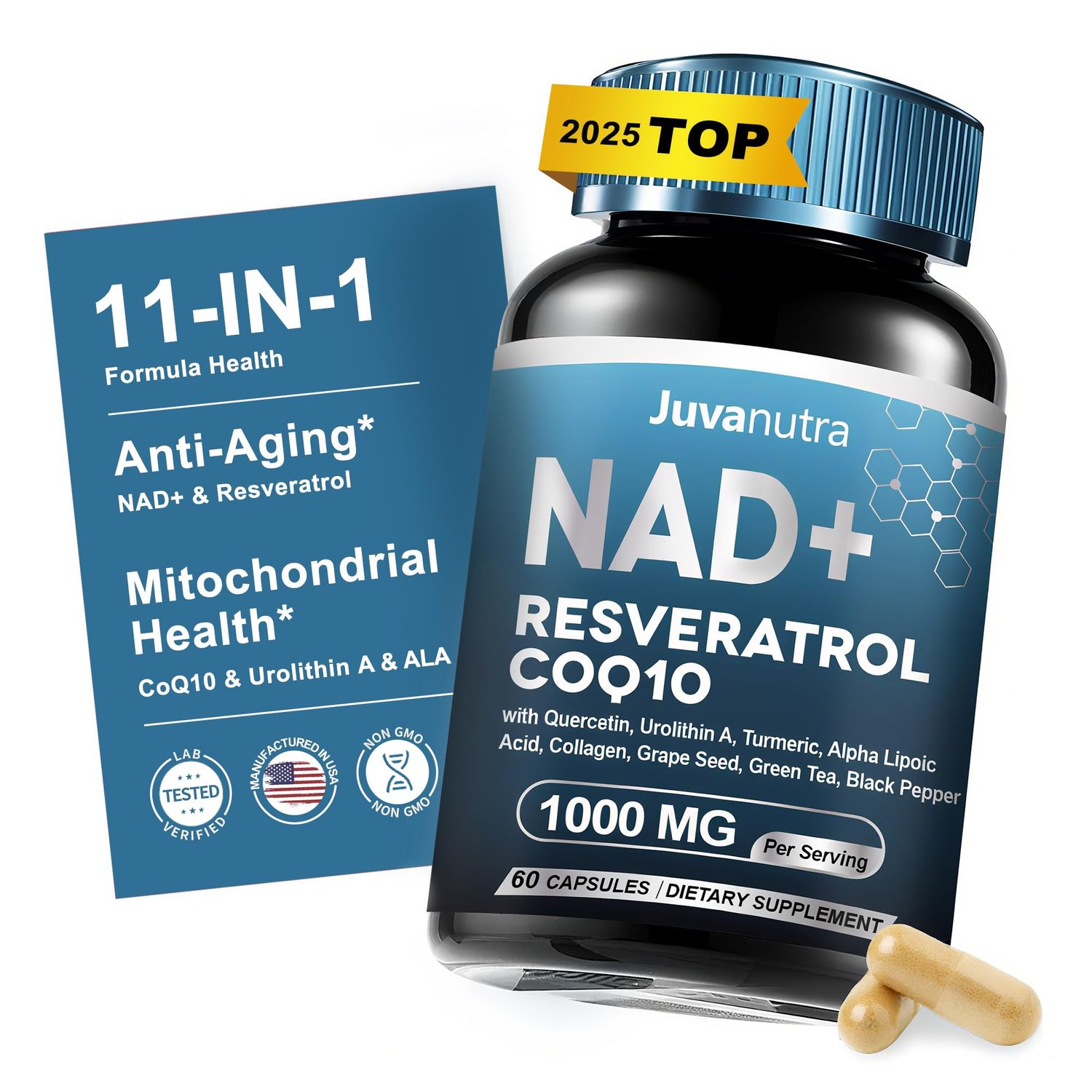 11-in-1 NAD Resveratrol Supplement - Liposomal with CoQ10, Urolithin A, ALA &amp; Turmeric - Supports Anti-Aging, Cell Regeneration, Energy &amp; Focus NAD Supplement for Women &amp; Men - 60 Capsules