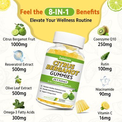 2 Pack Citrus Bergamot Gummies, Citrus Bergamot Supplement for High Cholesterol, Cholesterol Lowering Supplement for Heart, Immune System &amp; Healthy Aging Support, Sugar Free, Lemon Flavor, 120 Cts