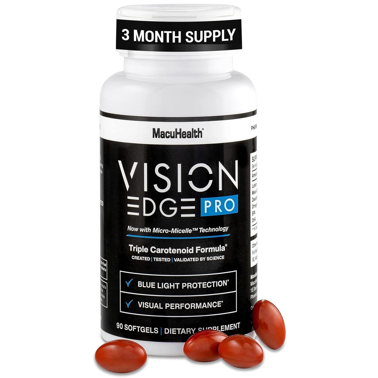 VISION EDGE PRO Eye Supplement for Athletes; Formula with Lutein, Zeaxanthin, and Meso-Zeaxanthin, Eye Supplements Omega 3, Essential Carotenoids for Eyes - (90 Softgels, 3 Month Supply)