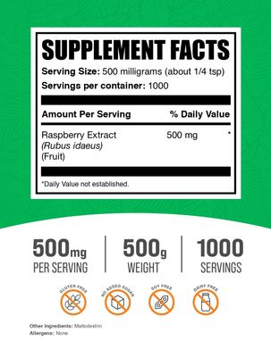 BulkSupplements.com Raspberry Extract Powder - from Raspberry Fruit, Antioxidant Source, Herbal Supplement - Gluten Free, 500mg per Serving, 500g (1.1 lbs) (Pack of 1)