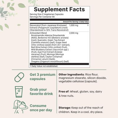 Resveratrol NAD Supplements for Women & Men 3,000mg, 240 Veggie Capsules | NMHN Supplement Alternative | 11-in-1 Antioxidant Blend of Quercetin, Moringa, & More | Immune, Heart, & Brain Support