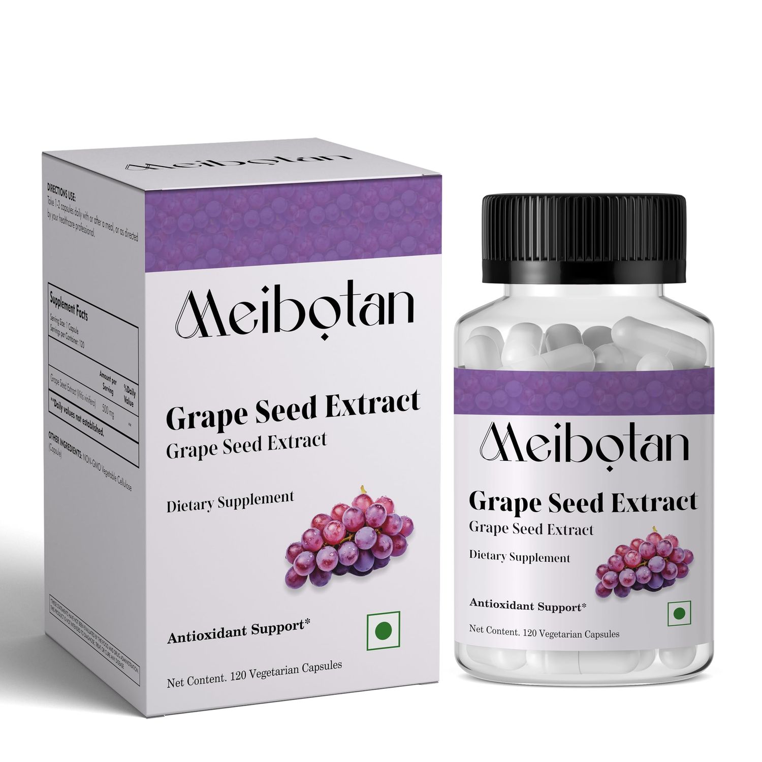 MEIBOTAN Grape Seed Extract, Maximum Strength 500 mg (a Highly Concentrated Extract with a Minimum of 90 Polyphenols), 120 Veg Capsules