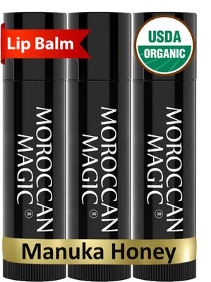 Moroccan Magic Organic Manuka Honey Lip Balm 3 Pack | Ultra-Hydrating Argan &amp; Essential Oil Lip Moisturizer Vitamin E | Natural Chapstick for Dry Lips | Smooth, Non-Toxic | Organic Lip Balm