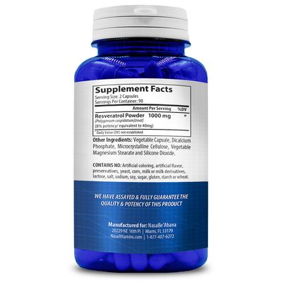 Resveratrol 1000mg Capsules | Vegan Friendly Resveratrol Supplement from Easy Absorption Antioxidant Japanese Knotweed for Skin Heart and Brain Support | Made in US cGMP Facilities (90 Day Supply)