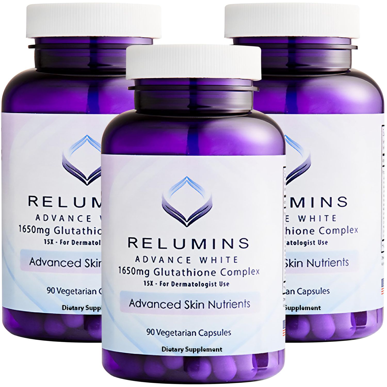 Relumins L-Glutathione Complex 1650mg - Antioxidant Support with Alpha Lipoic Acid, NAC, L-Methionine, Vitamin E - Halal &amp; cGMP Certified, Skin Health Supplement - 90 Vegetarian Capsules x 3 Bottles