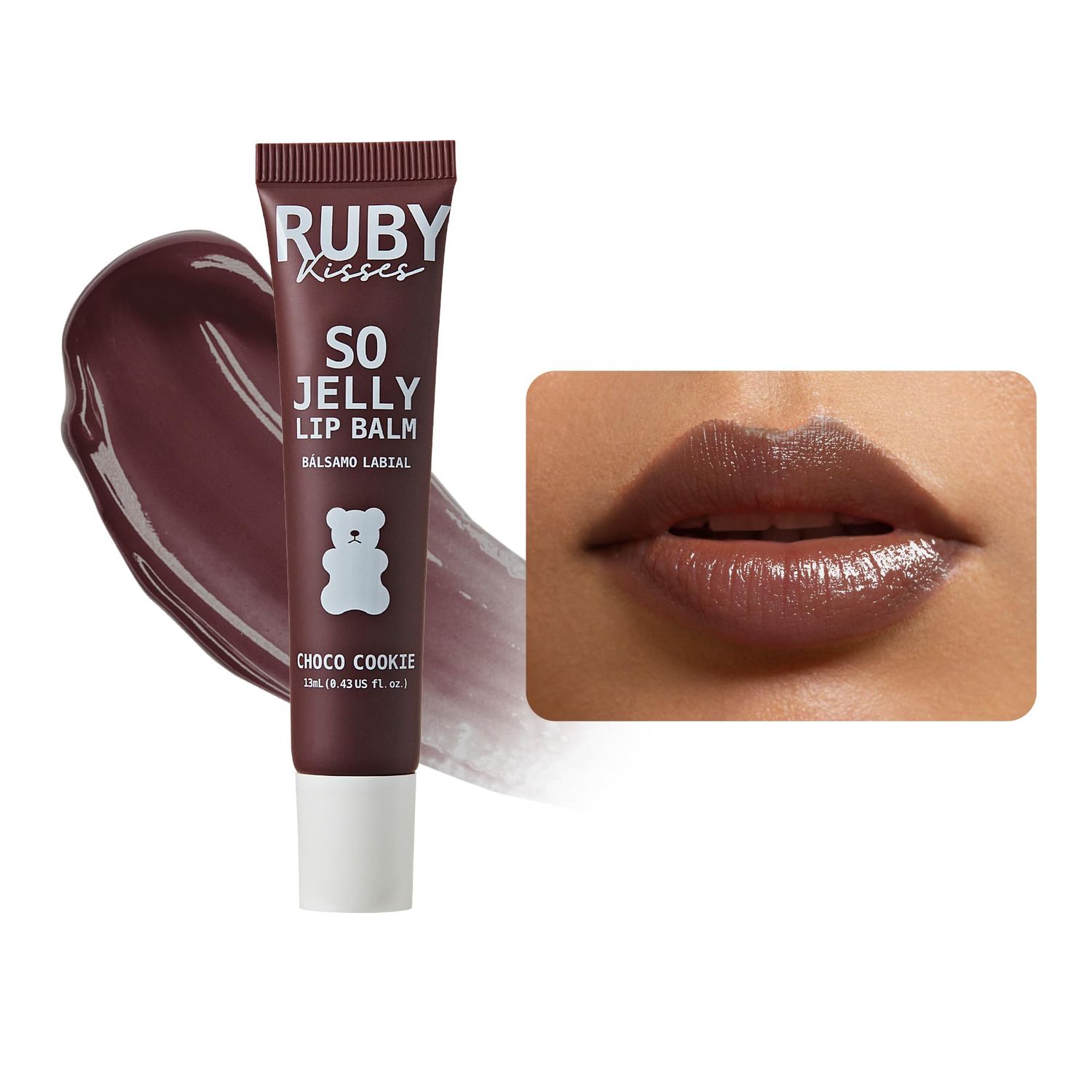 Ruby Kisses So Jelly Tinted Lip Balm, Hydrate &amp; Non-Sticky Nourishing Lip Gloss Treatment, Glossy Finish, Hydrating Balm Buildable Customize Tint (Choco Cookie)