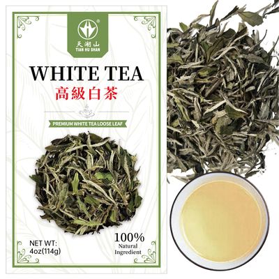 TIAN HU SHAN Premium White Tea Loose Leaf, Original Bai Mu Dan with a Light &amp; Fresh Delicate Flavor, Low Caffeine, Hot &amp; Cold Brew 4 Ounce (Pack of 1)