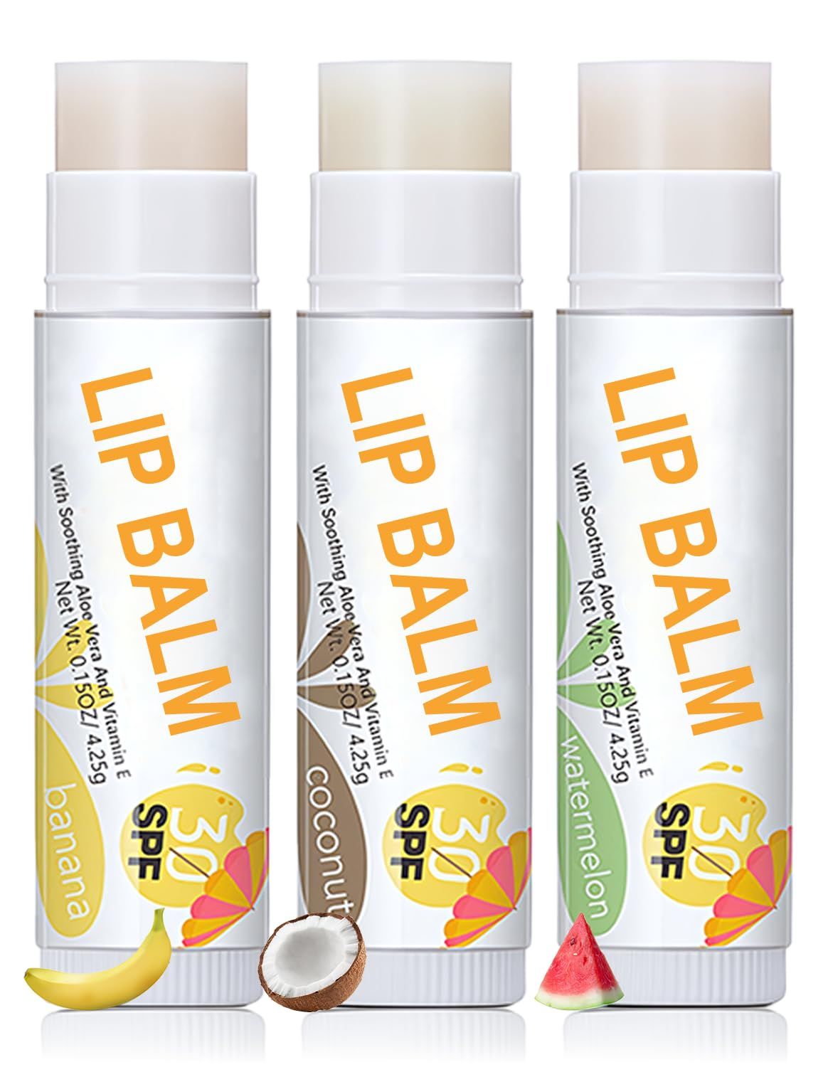 Wugbc 3 Pcs Lip Balm Set SPF 30 Banana Coconut Watermelon Moisturizing Lipstick Lightweight Prevents Soothes Dry Chapped Lips Non-sticky Daily Sun Protection for Lips