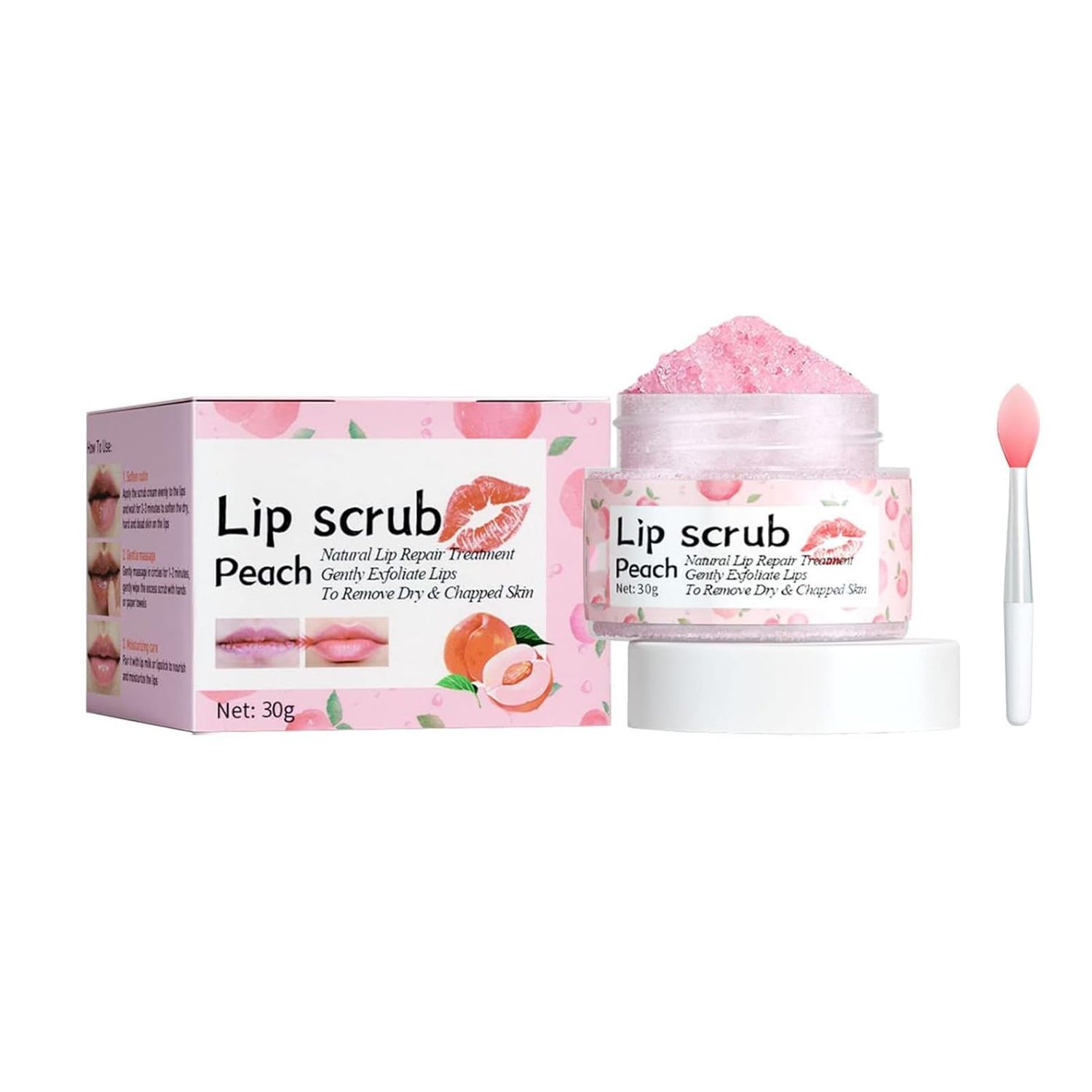 Lip Scrub, Lip Scrubs Exfoliator and Moisturizer with Lip Brush, Natural Gentle Lip Treatment, Peach Sugar Lip Scrub for Dry, Cracked and Dark Lips