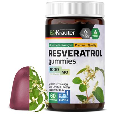BIO KRAUTER Resveratrol Gummies - 1000 mg Strength - 60 Vegan Chews - 98 Pure Trans Resveratrol Supplement - Antioxidant Support