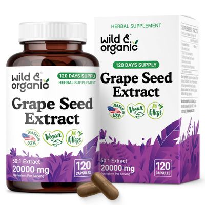 Wild &amp; Organic Grape Seed Extract Capsules - 20,000 mg Strength Grapeseed Extract Equivalent - 95 Polyphenols - 400 mg per Serving - 120 Vegan Capsules - 4 Month Supply - Non-GMO
