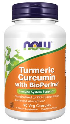 NOW Supplements, Turmeric Curcumin with BioPerine, Immune System Support, Standardized to 95 Curcuminoids, Enhanced Absorption, 90 Veg Capsules