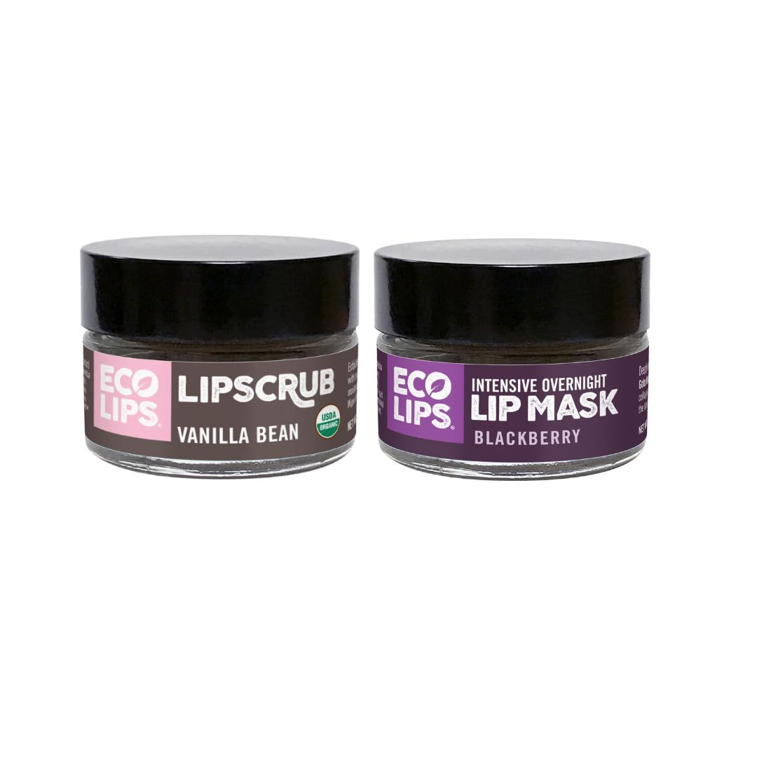 Eco Lips Vanilla Bean Lip Sugar Scrub &amp; Blackberry Intensive Overnight Lip Repair Mask Duo - 100 Organic Lip Care Treatment - Gently Exfoliate, Polish, &amp; Repair Dry, Flaky Lips