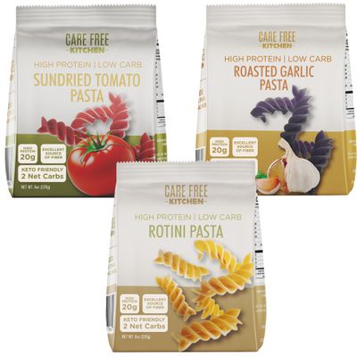 Care Free Kitchen Rotini Keto Pasta Noodles Variety 3-Pack (8 oz. Bags) Plain, Sundried Tomato, Roasted Garlic, 20g High Protein, Low Carb 2g Net Carbs, 26g High Fiber