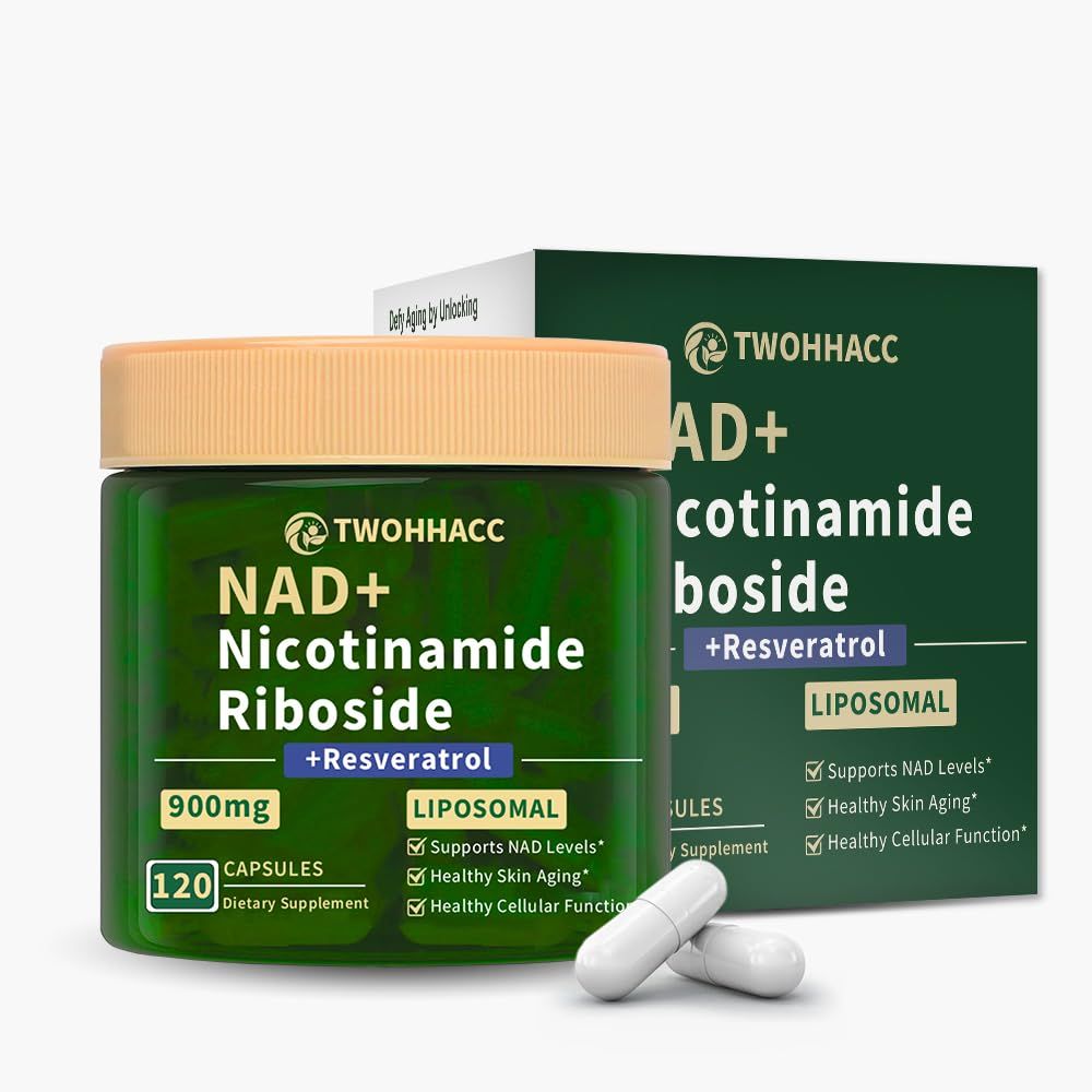 TWOHHACC NAD Supplement NAD Nicotinamide Riboside Resveratrol 900mg 120 Capsules Liposomal NAD Supplements for Women Men Support Cellular Health Anti-Aging Energy Focus Boost NAD Levels